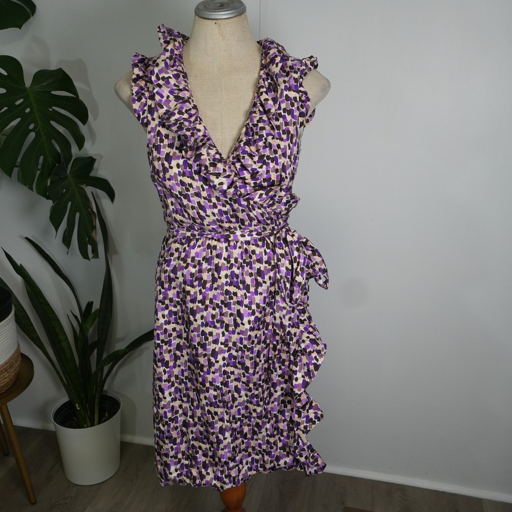 Kate Spade Silk Wrap Dress Womens 8 Purple Abstract Ruffle NJMU1851 Brushstroke